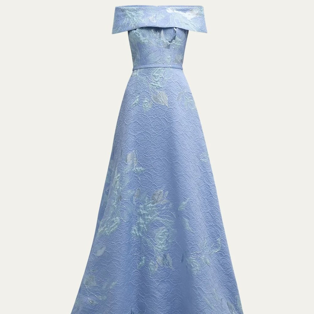 NWT - Off-Shoulder Metallic Flower Jacquard Gown by Rickie Freeman for Teri Jon